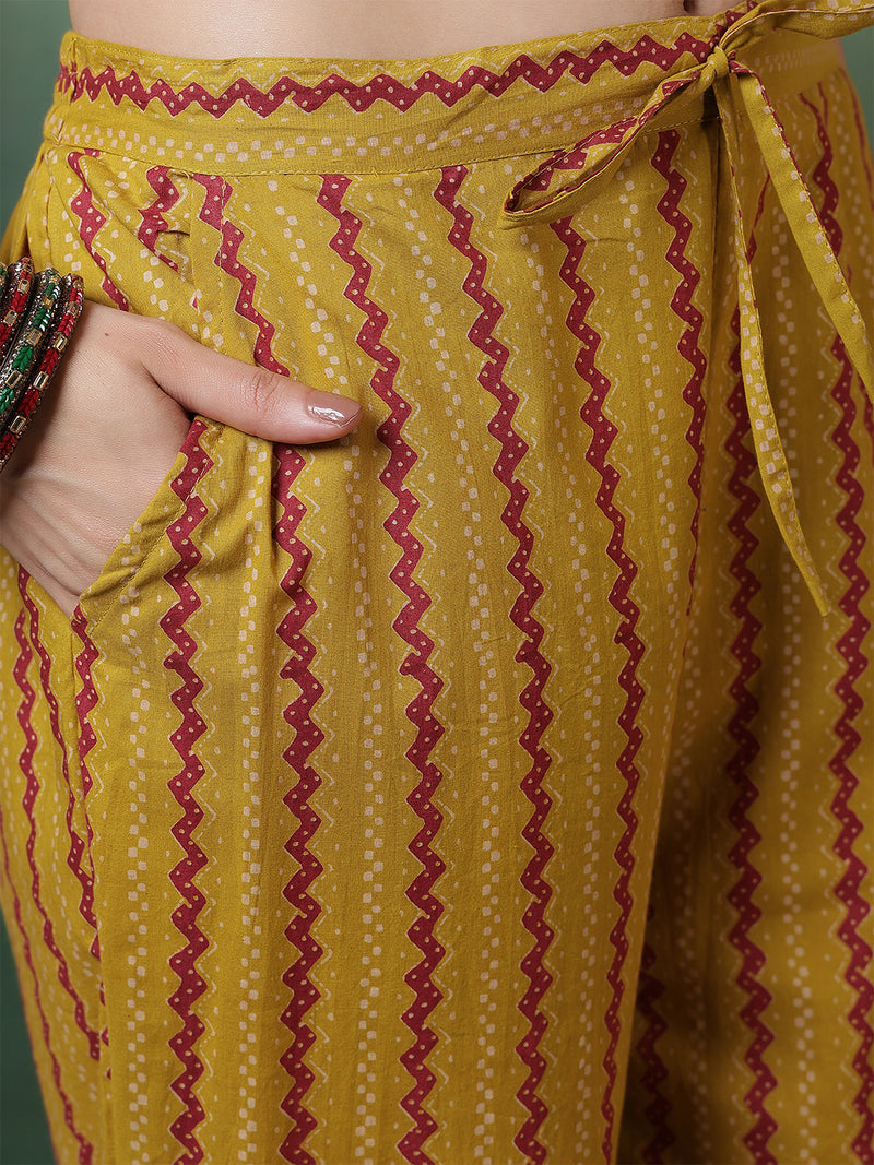 Women Pure Cotton Mustard Hand Work Yoke Printed Kurta with Trouser & Dupatta