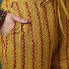 Women Pure Cotton Mustard Hand Work Yoke Printed Kurta with Trouser & Dupatta