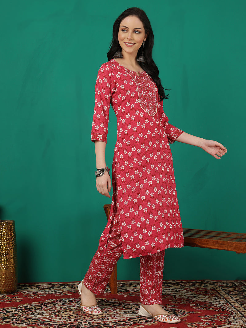 ANAISA Women Viscose Rayon Round Neck, Calf Length, Printed Kurta with Trouser & Dupatta