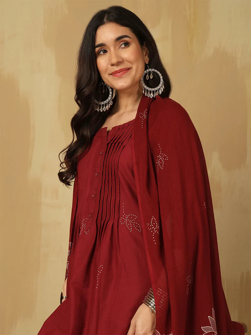 Women Cotton Discharge Printed A-line Kurta with Trouser & Dupatta