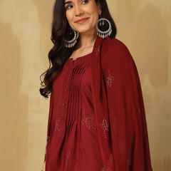 Women Cotton Discharge Printed A-line Kurta with Trouser & Dupatta