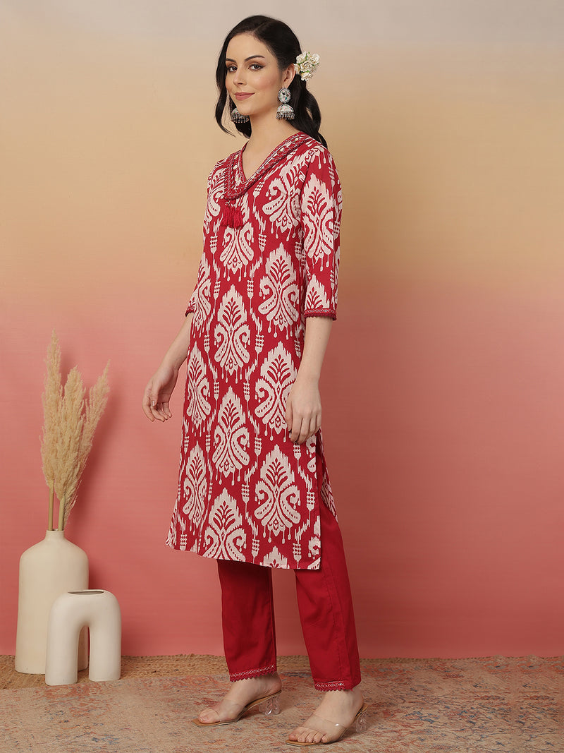 Sangira Women Cotton Printed V-neck, Straight Kurta with Trouser & Dupatta