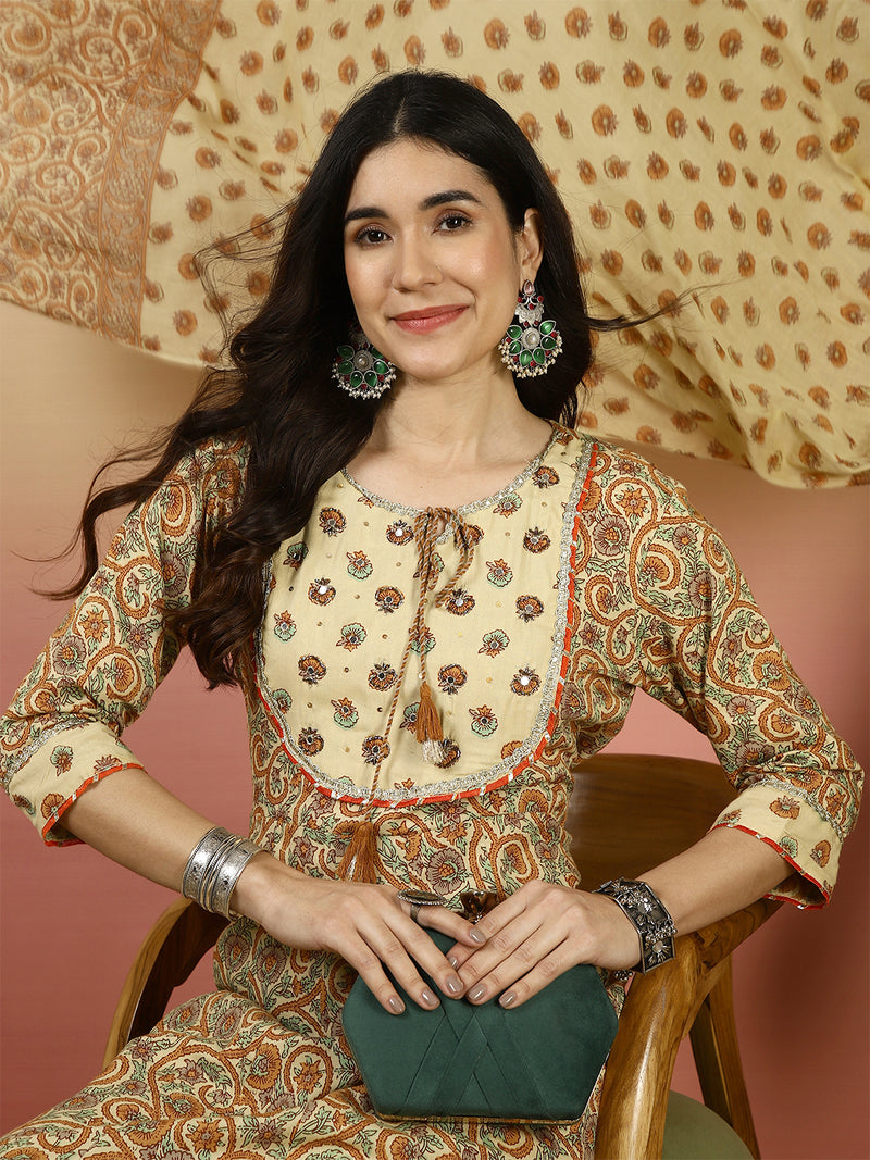 Women Beige Printed Anarkali Kurta With Pant & Dupatta