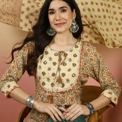 Women Beige Printed Anarkali Kurta With Pant & Dupatta